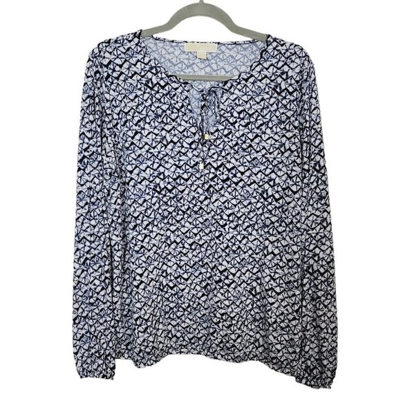Michael Kors Sz Large Blue & White Blouse Shirt Peek a Boo Sleeve Split Tie Neck - Picture 1 of 9